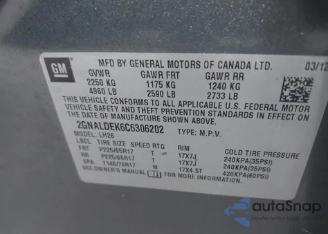 2012 Chevrolet Equinox 1Lt from USA, damaged, VIN 2GNALDEK6C6306202